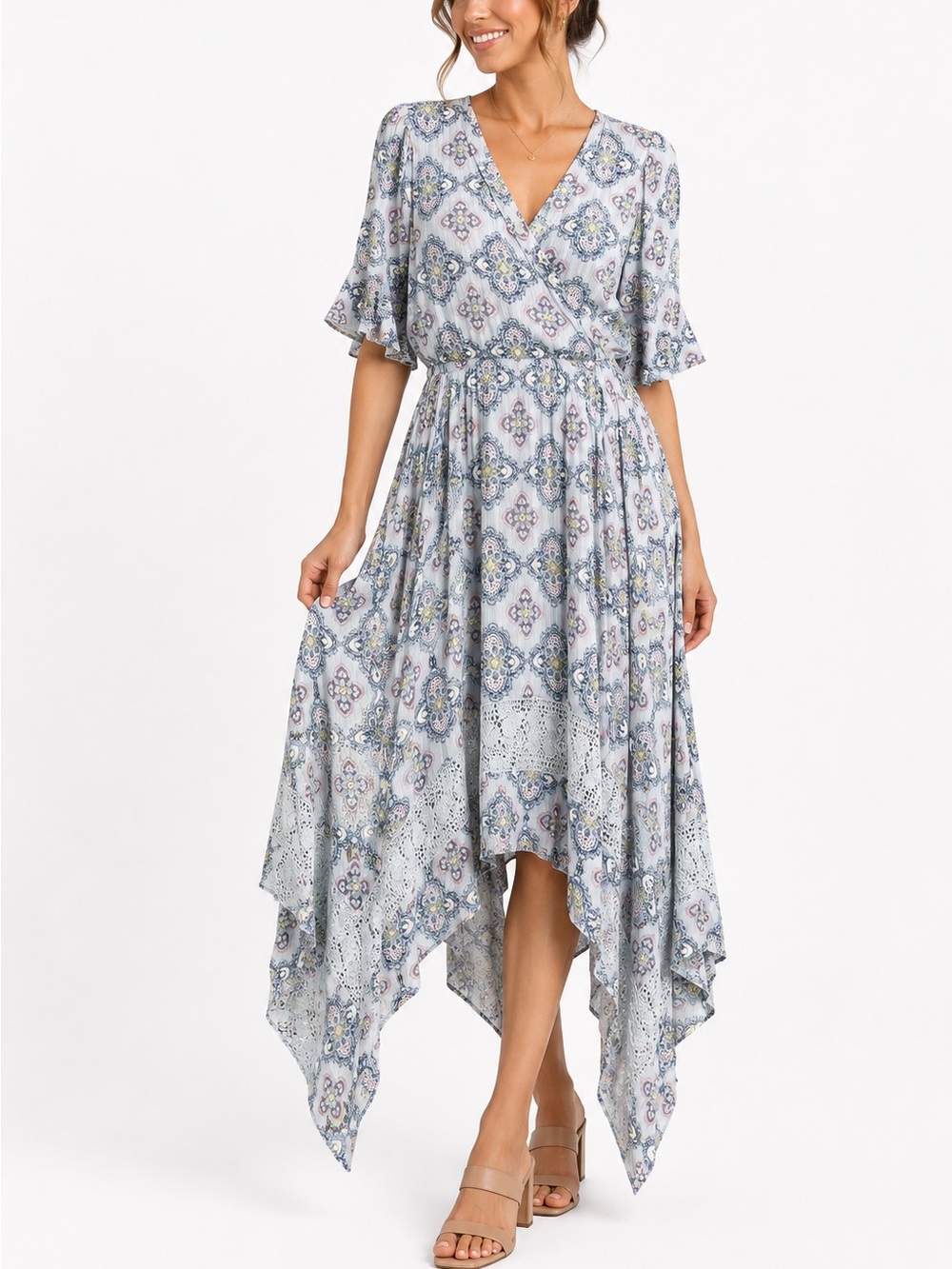 Moon River Light Blue Floral Medallion Asymmetrical Dress Boho bohemian